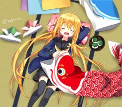 Rule 34 | 1girl, artist name, black jacket, black sailor collar, black skirt, black thighhighs, blonde hair, blush, closed eyes, commentary request, crescent, crescent pin, dango, flower (symbol), food, hair between eyes, holding, jacket, kantai collection, koinobori, leaf, long hair, low twintails, lying, nagasioo, on ground, open mouth, pillow, pleated skirt, sailor collar, satsuki (kancolle), satsuki kai ni (kancolle), school uniform, serafuku, skirt, solo, thighhighs, twintails, twitter username, wagashi, windsock, yellow neckwear, zettai ryouiki