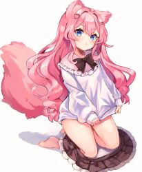 Rule 34 | &gt;:(, 1girl, :t, animal ear fluff, animal ears, bare legs, barefoot, black skirt, blue eyes, commission, fox ears, fox girl, fox tail, full body, highres, indie virtual youtuber, kneeling, long hair, long sleeves, looking at viewer, momochiru, pink hair, pleated skirt, second-party source, skeb commission, skirt, skirt around ankles, sleeves past wrists, sweater, tail, v-shaped eyebrows, virtual youtuber, wata ramune, wavy hair, white sweater