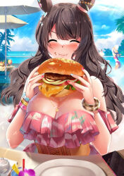 Rule 34 | 3girls, beach, beach umbrella, blue sky, bracelet, breasts, brown hair, burger, cheese, cleavage, closed mouth, cloud, day, dress, eating, food, highres, holding, holding food, horse girl, jewelry, kawai (purplrpouni), large breasts, lens flare, lettuce, long hair, multiple girls, ocean, official alternate costume, outdoors, pink dress, plate, school uniform, sky, solo, solo focus, table, tomato, tosen jordan (aurore vacances) (umamusume), tosen jordan (umamusume), umamusume, umbrella, wavy hair