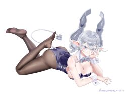 1girl ass blush breasts cleavage feet grey_eyes grey_hair highres large_breasts leotard long_hair looking_at_viewer lovely_labrynth_of_the_silver_castle lying on_stomach pantyhose pointy_ears rare_lemon smile soles tail toes yu-gi-oh!