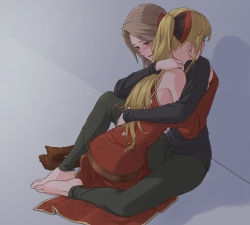 Rule 34 | 2girls, against wall, barefoot, black bow, black pants, black shirt, blonde hair, blush, bow, brown hair, brown legwear, commentary request, couple, detached sleeves, dress, full body, granblue fantasy, hair bow, hair intakes, highres, hug, katalina (granblue fantasy), long hair, long sleeves, miso-ha (ukyuu), multiple girls, pants, parted lips, ponytail, red bow, red dress, red eyes, red sleeves, shirt, sitting, sleeveless, sleeveless dress, two-tone bow, very long hair, vira (granblue fantasy), yuri