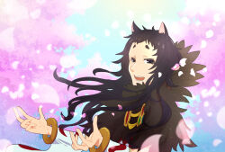 Rule 34 | 1boy, animal ears, bangle, black eyes, black hair, bracelet, cat ears, cherry blossoms, commentary request, detached sleeves, falling petals, flowery peko, fur collar, hands up, jewelry, long hair, looking at viewer, male focus, open mouth, petals, ragnarok online, short bangs, short eyebrows, smile, solo, sorcerer (ragnarok online), teeth, textless version, upper body, white sleeves