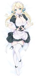 Rule 34 | 1girl, apron, black dress, blonde hair, blue eyes, blush, boku wa tomodachi ga sukunai, breasts, butterfly hair ornament, cleavage, closed mouth, collar, curly hair, dakimakura (medium), detached collar, dress, frilled apron, frilled dress, frills, full body, hair ornament, heart, heart hands, highres, kashiwazaki sena, large breasts, looking at viewer, lying, maid, maid apron, maid headdress, multicolored clothes, multicolored dress, official art, on back, own hands together, solo, thighhighs, twintails, waist apron, watanabe yoshihiro, white apron, white collar, white dress, white thighhighs