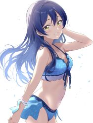 Rule 34 | 1girl, bikini, blue hair, borgbutler, breasts, cleavage, cowboy shot, front-tie bikini top, front-tie top, highres, long hair, love live!, love live! school idol project, parted lips, polka dot, polka dot bikini, simple background, small breasts, smile, solo, sonoda umi, standing, swept bangs, swimsuit, white background, yellow eyes