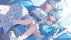 Rule 34 | 2girls, absurdres, arona (blue archive), blue archive, blue eyes, blue hair, blue halo, blush, braid, breasts, closed mouth, colored inner hair, dress, general student council president (blue archive), hair over one eye, halo, highres, large breasts, long hair, long sleeves, multicolored hair, multiple girls, open mouth, pink hair, piyo (pixiv 2308057), pleated skirt, sailor collar, shoes, short hair, single braid, sitting, skirt, smile, white dress, white footwear, white sailor collar, white skirt