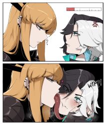 !? 2girls ? absurdres angry black_gloves black_hair black_nails blonde_hair blue_eyes blush earclip earrings eye_contact fingernails gloves half-closed_eyes hand_on_another&#039;s_cheek hand_on_another&#039;s_face heart heterochromia highres jewelry licking long_hair long_tongue looking_at_another luna_snow magik_(x-men) marvel marvel_rivals masoq multicolored_hair multiple_girls nail_polish open_mouth saliva sharp_fingernails short_hair split-color_hair stud_earrings surprised sweat tongue tongue_out two-tone_hair white_hair x-men yuri