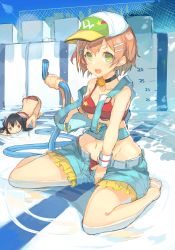 Rule 34 | 10s, 2girls, :d, absurdres, all fours, barefoot, baseball cap, bikini, black hair, blush, breasts, brown hair, empty pool, hair ornament, hairclip, hat, highres, hose, hoshizora rin, kame^^, love live!, love live! school idol project, multiple girls, natsuiro egao de 1 2 jump!, navel, open mouth, overalls, pool, purple eyes, red eyes, shallow water, short hair, shorts, sitting, smile, swimsuit, twintails, wading, wariza, water, yazawa nico
