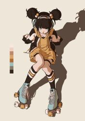 Rule 34 | 1girl, arm support, blue eyes, brown hair, collarbone, color guide, double bun, from above, full body, gaako illust, hair bobbles, hair bun, hair ornament, headset, highres, hood, hoodie, kneehighs, knees together feet apart, looking to the side, open mouth, original, roller skates, shadow, simple background, sitting, skates, socks, solo, striped clothes, striped socks, white background, yellow hoodie