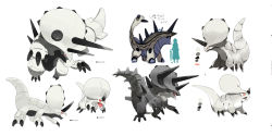 Rule 34 | character name, color guide, concept art, creatures (company), evolutionary line, fakemon, game freak, horns, nintendo, open mouth, pokemon, red eyes, siirakannu, simple background, size comparison, tail, white background