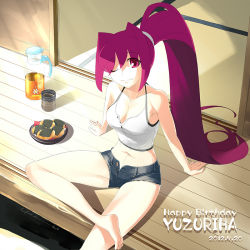 Rule 34 | 1girl, bare shoulders, barefoot, breasts, cleavage, cup, dated, feet, food, french-bread, happy birthday, jar, long hair, midriff, navel, official art, one eye closed, ponytail, purple eyes, purple hair, red eyes, red hair, senbei, short shorts, shorts, sitting, smile, snack, soles, solo, tank top, tatami, teacup, teapot, unbuttoned, under night in-birth, unzipped, veranda, very long hair, wink, yoshihara seiichi, yuzuriha (under night in-birth)
