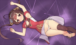 Rule 34 | 1girl, ahoge, anchor hair ornament, anklet, arm up, armpit cutout, armpits, azur lane, blaccura, blush, breasts, brown hair, china dress, chinese clothes, clothes lift, clothing cutout, dragon print, dress, dress lift, from above, hair ornament, hair rings, hairband, hairpods, highres, jewelry, long hair, looking at viewer, lying, nose blush, on back, panties, ping hai (azur lane), red dress, red eyes, short sleeves, side-tie panties, single thighhigh, small breasts, solo, string panties, thighhighs, twintails, underwear, very long hair, white hairband, white panties