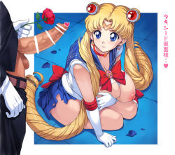 Rule 34 | 1boy, 1girl, alternate breast size, bishoujo senshi sailor moon, blonde hair, blue eyes, breasts, censored, chiba mamoru, choker, cleavage, commentary request, covered erect nipples, drill hair, elbow gloves, erection, flower, gloves, hair bobbles, hair ornament, heart, heart choker, hetero, huge breasts, long hair, looking at another, looking at penis, meme, mogudan, nipples, parted lips, penis, puffy nipples, rose, sailor moon, sailor moon redraw challenge (meme), seiza, sitting, skirt, solo, thick thighs, thighs, torn clothes, torn skirt, tsukino usagi, twin drills, uncensored, very long hair, wardrobe malfunction, white gloves