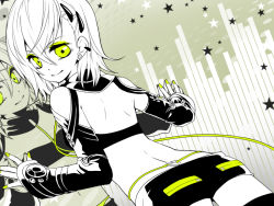 Rule 34 | 1girl, against glass, bare back, hair ornament, hairclip, kagamine rin, momomochi, monochrome, nail polish, panties, reflection, short hair, shorts, smile, solo, spot color, thong, underwear, vocaloid, whale tail (clothing), yellow eyes