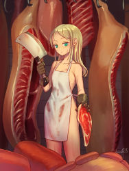 Rule 34 | 1girl, apron, blonde hair, blood, blood on face, blue eyes, butcher knife, expressionless, female focus, food, highres, long hair, meat, mitake eil, naked apron, original, sausage, solo