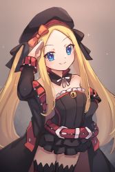 Rule 34 | 1girl, abigail williams (fate), beret, black bow, black dress, black headwear, blonde hair, bow, closed mouth, coat, cosplay, dress, fate/grand order, fate (series), forehead, hat, helena blavatsky (fate), helena blavatsky (fate) (cosplay), helena blavatsky (third ascension) (fate), highres, long hair, miya (miyaruta), multiple bows, open clothes, open coat, orange bow, parted bangs, salute, short dress, sidelocks, smile, thighs, twintails