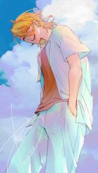 Rule 34 | 1boy, absurdres, blue sky, cloud, cloudy sky, fire emblem, fire emblem engage, hair between eyes, hands in pockets, highres, looking at viewer, male focus, nintendo, open mouth, orange hair, pandreo (fire emblem), shirt, short hair, sky, smile, solo, wa gamc, white shirt, yellow eyes