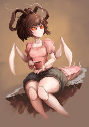 Rule 34 | 1girl, antennae, arthropod girl, bankage, borrowed character, breasts, brown hair, cropped legs, furry, furry female, hair rings, nae (whitemantis), no mouth, no nose, no pupils, orange eyes, original, pale skin, puffy short sleeves, puffy sleeves, short sleeves, shorts, sitting, small breasts, solo, tail, updo