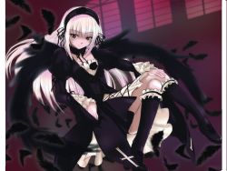 Rule 34 | 00s, 1girl, black feathers, black footwear, black wings, boots, bridal garter, crossed legs, detached collar, feathers, flower, frilled sleeves, frilled socks, frills, hairband, knee boots, lolita hairband, long sleeves, looking at viewer, rose, rozen maiden, silver hair, smile, socks, solo, suigintou, wings