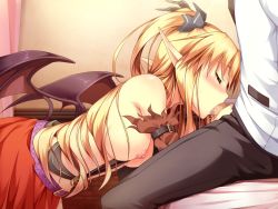 Rule 34 | 1girl, blonde hair, blush, breasts, censored, erect!, closed eyes, fellatio, game cg, long hair, nipples, oral, penis, piromizu, pointy ears, solo, tail, tiana jill lilithtia, wings