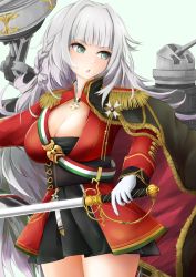 Rule 34 | 1girl, aiguillette, azur lane, black cape, black dress, breasts, cape, cleavage, cowboy shot, dress, epaulettes, gloves, grey eyes, highres, holding, holding sword, holding weapon, italian flag, jacket, large breasts, long hair, looking to the side, medal, red jacket, rigging, simple background, solo, standing, sword, very long hair, vittorio veneto (azur lane), weapon, white gloves, white hair, yamamoto rintarou