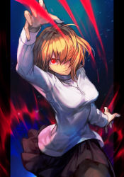 Rule 34 | 1girl, action, ahoge, arcueid brunestud, arm up, black border, black pantyhose, black skirt, blonde hair, border, breasts, cowboy shot, hair over one eye, hungry clicker, jewelry, long sleeves, looking at viewer, medium breasts, melty blood, miniskirt, necklace, pantyhose, pleated skirt, red eyes, running, short hair, sidelocks, skirt, solo, sweater, tsukihime, tsukihime (remake), turtleneck, turtleneck sweater, upturned eyes, white sweater