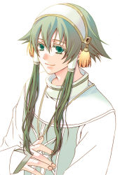 Rule 34 | 00s, 1boy, green eyes, green hair, hair tubes, ion (tales), male focus, matching hair/eyes, short hair with long locks, smile, solo, tales of (series), tales of the abyss, white background
