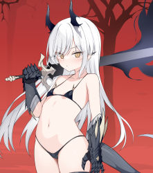 Rule 34 | 1girl, absurdres, bare shoulders, bare tree, bikini, black bikini, breasts, brown eyes, closed mouth, commentary request, dragon girl, dragon horns, dragon tail, gauntlets, groin, highres, holding, holding sword, holding weapon, horns, jyt, long hair, looking at viewer, navel, original, over shoulder, pointy ears, small breasts, solo, swimsuit, sword, sword over shoulder, tail, tree, v-shaped eyebrows, very long hair, weapon, weapon over shoulder, white hair