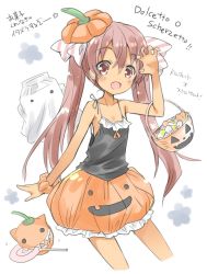 Rule 34 | 1girl, bad id, bad twitter id, basket, black shirt, blouse, brown eyes, brown hair, candy, cowboy shot, dark-skinned female, dark skin, fang, food, ghost, halloween, hat, highres, hizuki yayoi, italian text, jack-o&#039;-lantern, kantai collection, libeccio (kancolle), long hair, looking at viewer, open mouth, orange skirt, shirt, skirt, sleeveless, smile, solo, translation request, twintails, white background