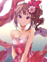 Rule 34 | 1girl, abstract background, ahoge, bare shoulders, blush, bow, breasts, brown hair, cleavage, collarbone, dress, drill hair, earrings, feather hair ornament, feathers, flower, gradient background, hair flower, hair ornament, highres, idolmaster, idolmaster million live!, idolmaster million live! theater days, jewelry, looking at viewer, medium breasts, necklace, pearl necklace, pink dress, purple eyes, side ponytail, smile, solo, waist bow, yae (mono110), yokoyama nao