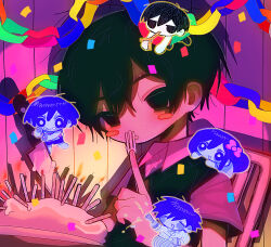 Rule 34 | 1girl, 4boys, aegyo sal, antenna hair, aubrey (headspace) (omori), aubrey (omori), black eyes, black hair, black sweater vest, blue eyes, blue hair, bow, bright pupils, brothers, candle, candlelight, chibi, chibi inset, closed eyes, closed mouth, collared shirt, colored skin, confetti, dual persona, empty eyes, fork, from side, hair behind ear, hair between eyes, hair bow, hand up, happy birthday, head tilt, hero (headspace) (omori), hero (omori), highres, holding, holding fork, indoors, kel (headspace) (omori), kel (omori), kitchen knife, knife, kobanzame omo, long hair, looking at viewer, multiple boys, no pupils, omori, omori (omori), open mouth, outline, pink bow, shirt, short hair, short sleeves, siblings, smile, solo focus, sunny (omori), sweater vest, three quarter view, tongue, tongue out, upper body, v-shaped eyebrows, white pupils, white shirt, white skin, yellow outline