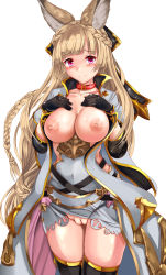 Rule 34 | 10s, 1girl, absurdres, animal ears, black gloves, black thighhighs, blonde hair, blunt bangs, breasts, breasts out, cleft of venus, collarbone, covered navel, cowboy shot, erune, fat mons, gloves, granblue fantasy, hands on own chest, highres, large breasts, long hair, looking at viewer, nipples, pink eyes, skindentation, smile, solo, thighhighs, thighs, uchida shou, uncensored, very long hair, yuisis (granblue fantasy)