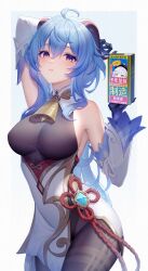 Rule 34 | 1girl, absurdres, ahoge, arm behind head, arm up, bare shoulders, bell, blue hair, breasts, chinese knot, detached sleeves, ganyu (genshin impact), genshin impact, goat horns, gradient eyes, hand up, highres, holding, holding carton, horns, large breasts, leotard, lightria, long hair, looking at viewer, milk carton, multicolored eyes, neck bell, pantyhose, parted lips, pelvic curtain, purple eyes, qiqi (genshin impact), solo, translation request, twitter username, very long hair, vision (genshin impact)
