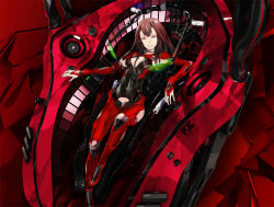 Rule 34 | 1girl, armlet, armor, breasts, bridal gauntlets, brown eyes, brown hair, cleavage, cleavage cutout, clothing cutout, cockpit, dutch angle, from above, full body, gradient hair, grey hair, grin, groin, headgear, highres, jewelry, long hair, looking at viewer, lying, mecha, multicolored hair, neck ring, neon trim, on back, original, redjuice, revision, robot, small breasts, smile, solo
