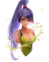 Rule 34 | 1girl, artist request, bad deviantart id, bad id, bare shoulders, blush, bracelet, breasts, cleavage, dragon quest, dragon quest xi, gloves, jewelry, long hair, martina (dq11), ponytail, purple eyes, purple hair, ross tran, solo, very long hair