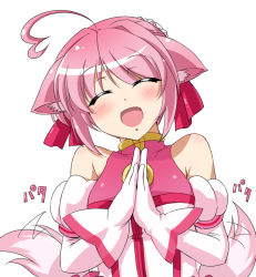 Rule 34 | 10s, 1girl, ^ ^, ahoge, animal ears, bare shoulders, blush, closed eyes, dog days, dog ears, dog girl, dog tail, closed eyes, gloves, happy, millhiore f. biscotti, open mouth, own hands together, pink hair, short hair, solo, tail, tail wagging, tsukishiro kou, upper body