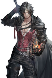 Rule 34 | 1boy, armor, black cape, black hair, black pants, cape, clive rosfield, closed mouth, cowboy shot, facial hair, final fantasy, final fantasy xvi, highres, holding, holding sword, holding weapon, male focus, open hands, pants, pectoral cleavage, pectorals, senano-yu, short hair, simple background, solo, standing, sword, upper body, weapon