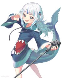 Rule 34 | 1girl, :d, blue eyes, blue hair, blue hoodie, blue nails, blunt bangs, blush, claw pose, dot nose, fins, fish tail, gawr gura, gawr gura (1st costume), hair ornament, highres, holding, holding microphone, hololive, hololive english, hood, hood down, hoodie, long sleeves, looking at viewer, looking back, medium hair, microphone, multicolored hair, no pants, open mouth, shark girl, shark hair ornament, shark tail, sharp teeth, signature, simple background, sleeves past wrists, smile, solo, standing, streaked hair, tail, teeth, tongue, two side up, ukimesato, virtual youtuber, white background, white hair
