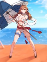 Rule 34 | 1girl, :d, absurdres, ahoge, anklet, arm garter, bare arms, bare legs, bare shoulders, beach, beach umbrella, bikini, blue sky, blurry, blurry background, blush, breasts, bridal garter, brown footwear, brown hair, cleavage, collarbone, day, depth of field, frilled bikini, frills, full body, girls&#039; frontline, gluteal fold, green eyes, hair between eyes, highres, holding, horizon, jewelry, large breasts, legs together, looking at viewer, neck garter, ocean, open mouth, outdoors, sash, shawl, sky, smile, solo, springfield (girls&#039; frontline), standing, swimsuit, umbrella, water, wrist cuffs, xiangxian (sangheon23)
