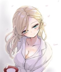 Rule 34 | alternate costume, blonde hair, breasts, cleavage, green eyes, kantai collection, kasashi (kasasi008), large breasts, long hair, looking at viewer, mole, mole under eye, mole under mouth, richelieu (kancolle), shirt, smile, upper body, white shirt