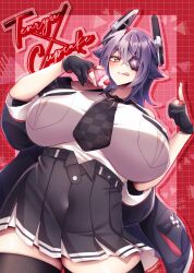Rule 34 | 1girl, :q, black gloves, black jacket, blush, breast pocket, breasts, checkered clothes, checkered necktie, cupcake, eyepatch, food, gloves, headgear, high-waist skirt, highres, huge breasts, jacket, kantai collection, licking, licking lips, looking at viewer, necktie, partially fingerless gloves, pocket, purple hair, shirt, short hair, skirt, sleeveless, sleeveless shirt, smile, solo, tenryuu (kancolle), tenryuu kai ni (kancolle), thighhighs, tongue, tongue out, whipped cream, white shirt, yellow eyes, yuudadou