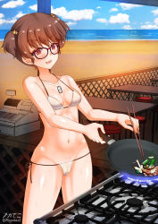 Rule 34 | 1girl, 3d background, alisa (girls und panzer), beach, bikini, blush, breasts, brown eyes, brown hair, cameltoe, collarbone, cooking, freckles, frying pan, girls und panzer, glasses, hair ornament, highres, jewelry, megadeko, navel, necklace, open mouth, outdoors, shiny skin, short hair, side-tie bikini bottom, sky, small breasts, smile, solo, standing, star (symbol), star hair ornament, swimsuit, twintails, white bikini