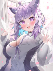 Rule 34 | 1girl, :3, absurdres, ahoge, animal ears, bad id, bad pixiv id, blush, breasts, cat ears, cat girl, cherry blossoms, cleavage, collared shirt, colored inner hair, diagonal bangs, dodota, hair between eyes, highres, hololive, hololive gamers, large breasts, looking at viewer, loose neck ribbon, multicolored hair, nekomata okayu, nekomata okayu (oversized shirt), open mouth, partially unbuttoned, petals, purple eyes, purple hair, shirt, short hair, smile, upper body, virtual youtuber, window