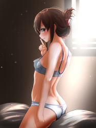 Rule 34 | 1girl, ass, back, blue bra, blue panties, bra, breasts, brown eyes, brown hair, butt crack, closed mouth, commentary request, folded ponytail, hair between eyes, highres, inazuma (kancolle), kantai collection, long hair, looking at viewer, panties, sitting, small breasts, smile, solo, sunlight, tama (tamago), underwear, underwear only, white panties, window