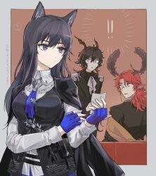 Rule 34 | !, 1girl, 2boys, ?, animal ear fluff, animal ears, antlers, arknights, ascot, belt, black hair, black jacket, black suit, black vest, blue gloves, blue necktie, border, breasts, brooch, collared shirt, commentary request, couch, czerny (arknights), deer antlers, deer boy, deer ears, ebenholz (arknights), epaulettes, fingerless gloves, formal, gloves, goat boy, goat ears, goat horns, grey ascot, highres, holding, holding paper, horns, jacket, jacket on shoulders, jewelry, long hair, long sleeves, looking at another, looking at viewer, medium breasts, monocle, multiple boys, necktie, noshima, open mouth, orange background, paper, parted lips, ponytail, purple eyes, red hair, shirt, short hair, simple background, spoken question mark, suit, surprised, texas (arknights), texas the omertosa (arknights), translation request, upper body, vest, white shirt, wolf brooch, wolf ears, wolf girl