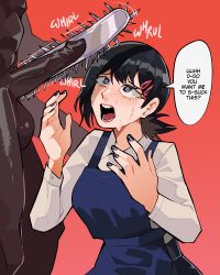 Rule 34 | 1boy, 1girl, absurdres, apron, bad id, bad pixiv id, black eyes, black hair, black nails, blue apron, chainsaw, chainsaw man, clothed female nude male, crying, crying with eyes open, dark-skinned male, dark skin, diforland, english text, hair ornament, hairclip, higashiyama kobeni, highres, interracial, long sleeves, looking at penis, mole, mole under eye, mole under mouth, nail polish, nude, open mouth, penis, red background, shirt, simple background, sound effects, streaming tears, tears, thighhighs, uncensored, white shirt