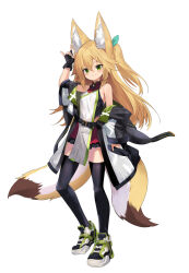 Rule 34 | 1girl, animal ear fluff, animal ears, black gloves, black thighhighs, blonde hair, blush, fingerless gloves, fox ears, fox girl, fox tail, gloves, green eyes, hair between eyes, highres, jacket, kokonoe tsubaki, long hair, looking at viewer, multiple tails, off shoulder, open clothes, open jacket, open mouth, original, smile, solo, tail, thighhighs, two tails, white background, yoshizawa tsubaki
