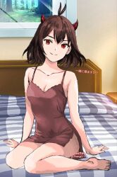 Rule 34 | 1girl, barefoot, bed, bed sheet, black clover, black hair, breasts, closed mouth, collarbone, full body, horns, indoors, looking at viewer, on bed, red eyes, secre swallowtail, short hair, sitting, small breasts, smile, solo, toes, twitter username, zheng0119
