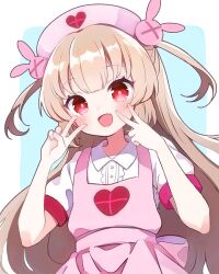 Rule 34 | 1girl, :d, apron, bad id, bad twitter id, blush, center frills, commentary request, double v, fang, frills, hair ornament, hands up, hat, heart, heart print, highres, long hair, looking at viewer, natori sana, nekomachi nao, nurse cap, open mouth, pink apron, puffy short sleeves, puffy sleeves, rabbit hair ornament, red eyes, sana channel, shirt, short sleeves, smile, solo, two side up, upper body, v, virtual youtuber, white shirt
