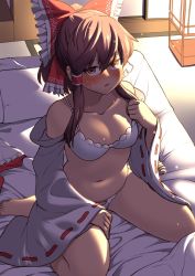 Rule 34 | 1girl, blush, bow, bra, brown eyes, brown hair, commentary request, detached sleeves, embarrassed, eyelashes, frilled bow, frills, futon, fuuzasa, hair between eyes, hair bow, hakurei reimu, hand on own thigh, hand on thigh, highres, indoors, lamp, long sleeves, looking at viewer, navel, panties, pillow, red bow, ribbon-trimmed sleeves, ribbon trim, shouji, sidelocks, sliding doors, solo, stomach, sweat, thighs, touhou, underwear, unworn clothes, white bra, white panties