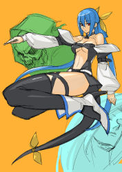 Rule 34 | 1girl, arc system works, asymmetrical wings, bad proportions, bare shoulders, black thighhighs, blue hair, boots, bow, breasts, choker, cleavage, clothing cutout, detached sleeves, dizzy (guilty gear), guilty gear, hair bow, high heels, highres, legs, long hair, long legs, navel, navel cutout, necro (guilty gear), red eyes, ribbon, shoes, solo, tail, tail ornament, tail ribbon, tetsu (kimuchi), thighhighs, thighs, twintails, underboob, undine (guilty gear), wings